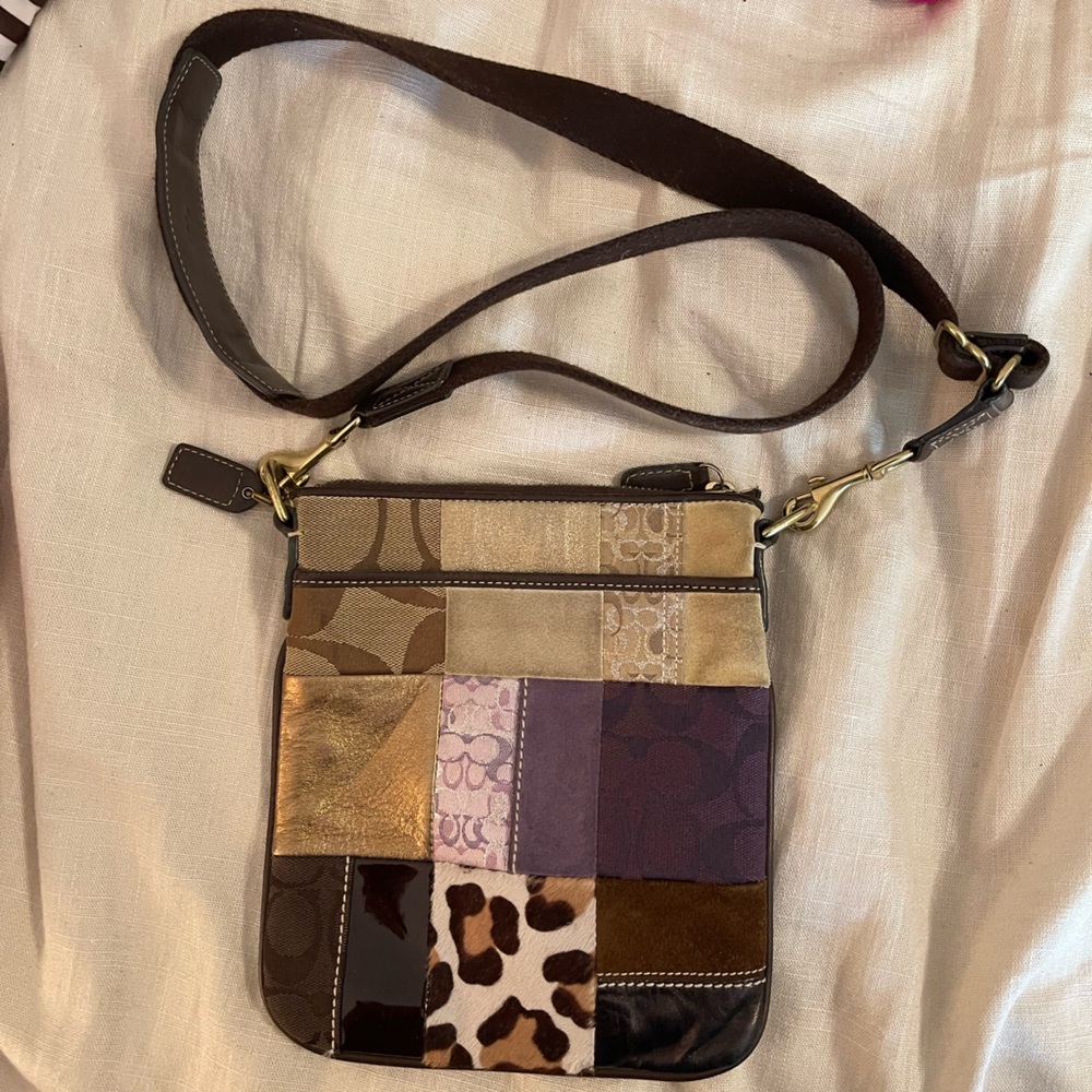 Coach Brown and Tan Crossbody Bag with Patchwork Design